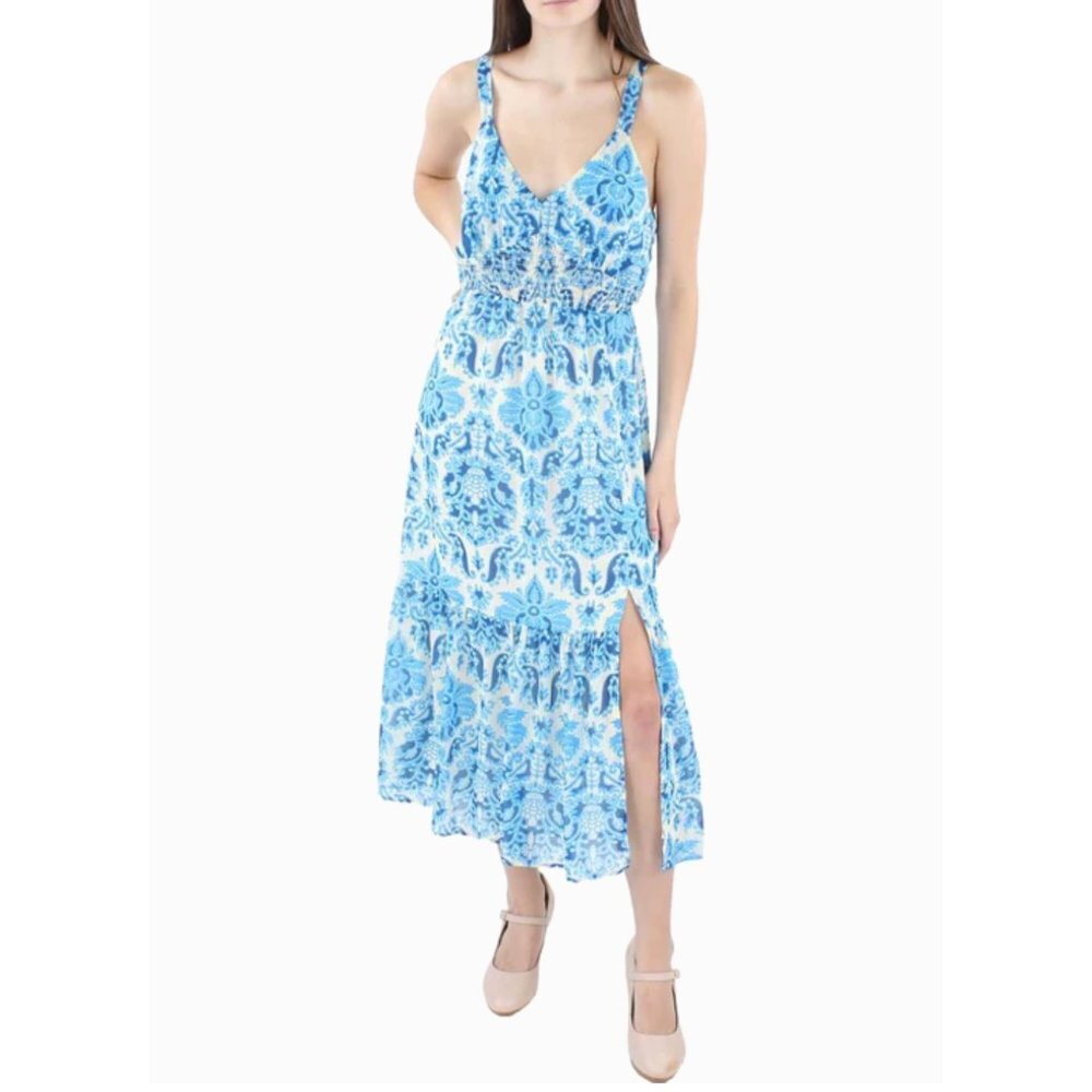 NWT Black Tape Blue Damask Printed‎ Leg Slit V-Neck Sundress Maxi Midi Dress